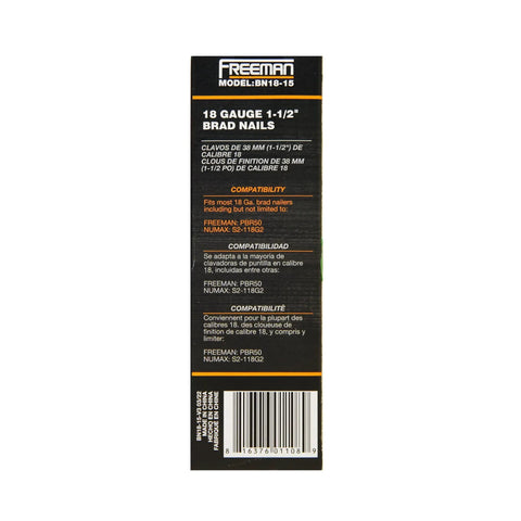 Sends Them Straight 18 Gauge Brad Nails 1 Point Five Inch Glue Collated Rugged Steel 1000 Count Box compatibility info on packaging.