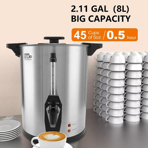 Large 45 Cup Coffee Urn With 8L Capacity, 950W Quick Brew Percolator next to stacked cups, double dripless faucet visible