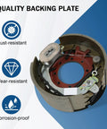 Rock Solid Pair Of Electric Trailer Brakes For 12 By 5 Hub Fit 12000 Lb Axles With 7 Bolt Flange showing quality backing plate, rust, wear, and corrosion-resistant features.