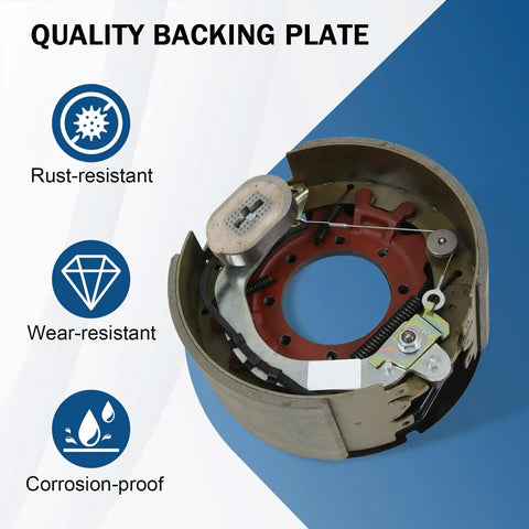 Rock Solid Pair Of Electric Trailer Brakes For 12 By 5 Hub Fit 12000 Lb Axles With 7 Bolt Flange showing quality backing plate, rust, wear, and corrosion-resistant features.