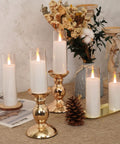 Set Of 5 Battery Operated Flameless LED Pillar Candles With Acrylic Shell, Remote Control And Timer, on decorative holders