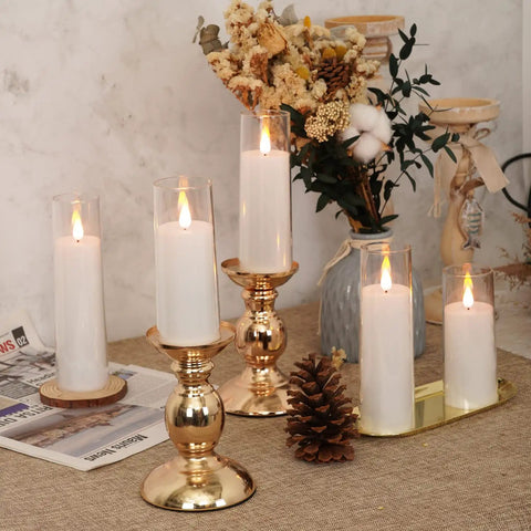 Set Of 5 Battery Operated Flameless LED Pillar Candles With Acrylic Shell, Remote Control And Timer, on decorative holders