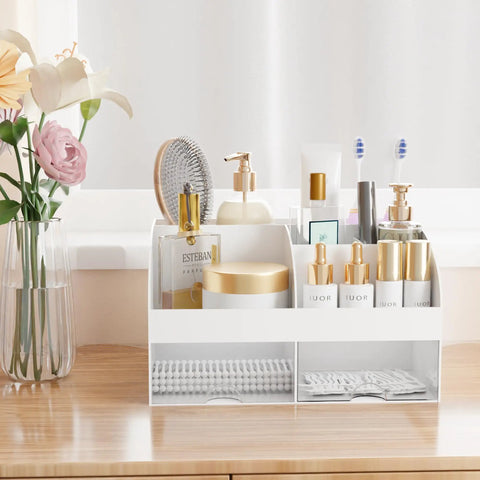 White Acrylic Makeup Organizer With Drawers For Vanity And Bathroom Counter Holds Your Glam Haul Secure Plus Multi Compartment Cosmetic Storage For Skincare And Daily Essentials with various skincare products and tools.