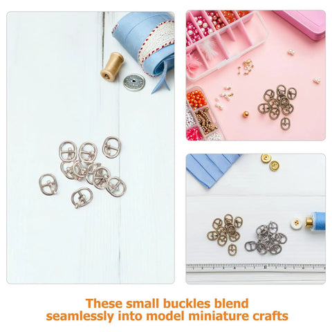 150 Pcs Mini Buckles Alloy Tiny Sewing Fasteners With Single Prong Quick Release For Doll Clothes Shoes Bags Belts Craft Diy Projects Mixed Silver Gunmetal Antique Finish displayed on crafting table with ribbons and beads in background.