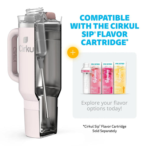 Iconic 40 Oz Cherry Blossom Stainless Steel Tumbler With Cushioned Carry Handle, featuring Cirkul Sip flavor cartridge compatibility.