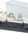Beefy Class T Fuse Block With Insulating Cover For Marine DC Systems, 225 To 400Amp, Inverter Ready Short Circuit Protection, Up To 160 Volts DC, Big Three Eighths Inch Stud Terminals For Four Zero AWG Wire, ABYC USCG Compliant, with clear cover