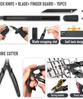 Front view of box knife kit with 15 blades and finger guard and a spring-loaded wire cutter