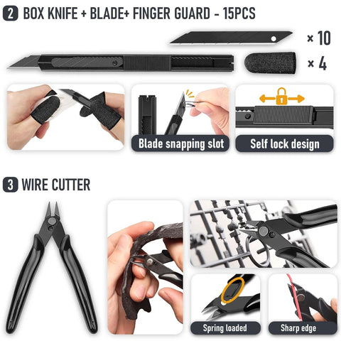 Front view of box knife kit with 15 blades and finger guard and a spring-loaded wire cutter