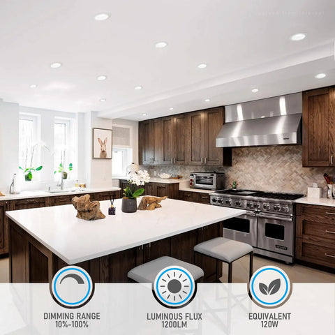 Kitchen with Eight Pack 6 Inch LED Recessed Retrofit Downlight Kit With 5CCT Color Temps 2700K 3000K 3500K 4000K 5000K Dimmable 1200 LM 15W