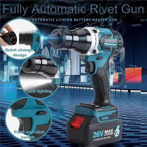 No Sweat Cordless Rivet Nut Gun M3 Through M12 Rechargeable Handheld Riveter with LED light and quick change design.