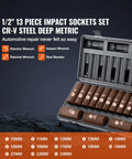 Half Inch Drive Impact Socket Set, 13-piece, CR-V steel, deep metric sockets in case, for automobile repair