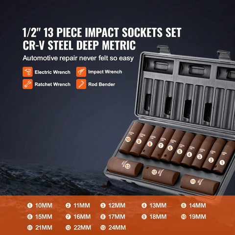 Half Inch Drive Impact Socket Set, 13-piece, CR-V steel, deep metric sockets in case, for automobile repair