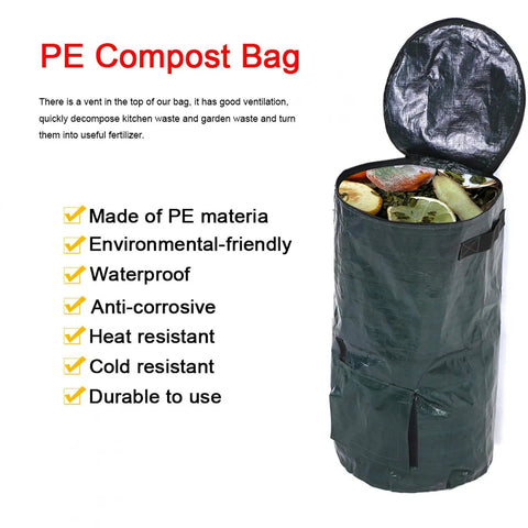 Collapsible Compost Bag For Organic Waste Kitchen And Garden Use Large Capacity Eco Friendly PE Material With Side Window Two Size Options Easy To Empty And Carry shown with organic waste inside
