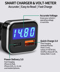 Game Changer Hella Fast Dual Port 30W Usb C Car Charger With Built In Led Voltage Meter And Real Time Battery Monitor, Pd And Qc 3.0 Adapter displaying voltage information.