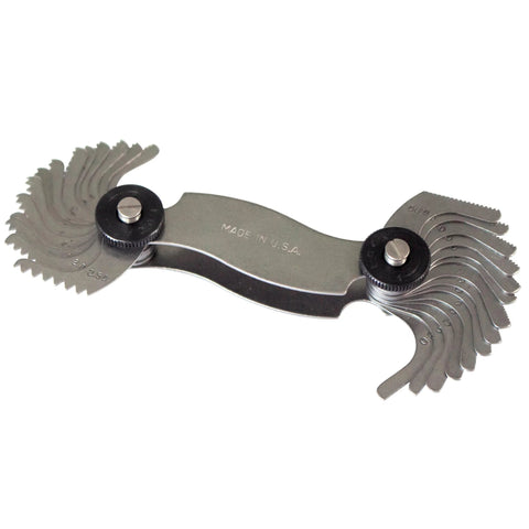 Screw pitch gauge with 28 leaves for metric threads 0.25–2.50mm, precision steel tool
