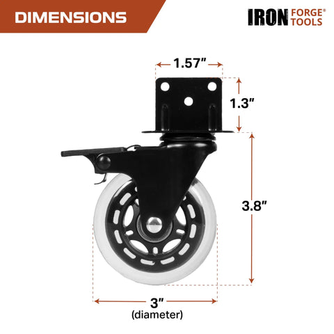 Side Mount Swivel Caster Wheels 4 Pack For Furniture And Home On Tables Carts And Beds 3 Inch Castors With L Shaped Plate Black Powder Coat 200 Lb Total Capacity Smooth Rolling And Locking For Easy Moves showing front view with dimensions.