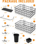 Image of Pegboard Organizer Kit With 30 Pieces Including Bins, Baskets, Cups, Paper Towel Holder, Wire Tray And 18 Straight Hooks For 1/8 And 1/4 Inch Pegboards Garage, Workshop, Craft Room Storage Upgrade, showing dimensions of included components.