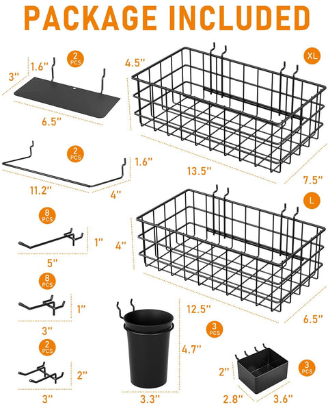 Image of Pegboard Organizer Kit With 30 Pieces Including Bins, Baskets, Cups, Paper Towel Holder, Wire Tray And 18 Straight Hooks For 1/8 And 1/4 Inch Pegboards Garage, Workshop, Craft Room Storage Upgrade, showing dimensions of included components.