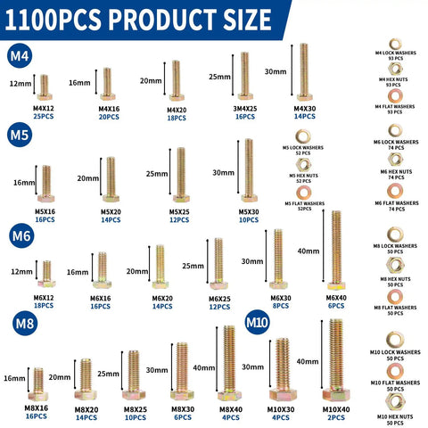 Beefy Heavy Duty Metric Bolts And Nuts Kit With Washers Grade 8.8 Alloy Steel Includes M4 M5 M6 M8 M10 1100 Piece Assortment