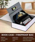 Hidden Book Safe With Combination Lock Coffee Color, Fireproof Bag shown open revealing cash and valuables, secure home safe