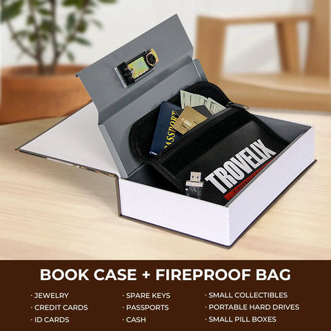 Hidden Book Safe With Combination Lock Coffee Color, Fireproof Bag shown open revealing cash and valuables, secure home safe