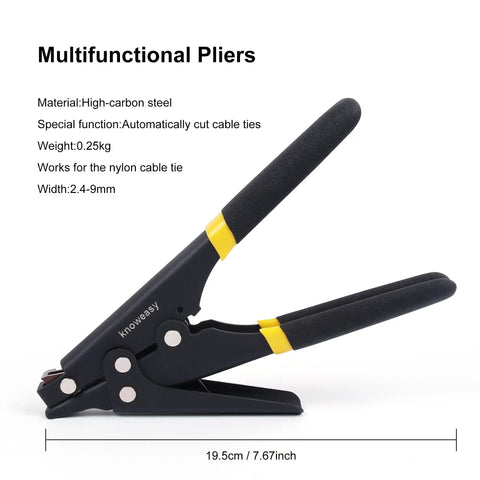 Side view of a multifunctional pliers tool with black and yellow ergonomic handle for cutting cable ties.