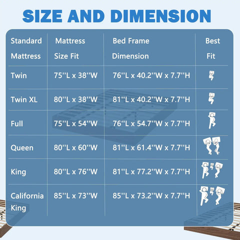 Size and dimension chart for Rock Solid Wooden Queen Platform Bed Frame With Sleek Modern Lines And A Warm Natural Wood Finish.