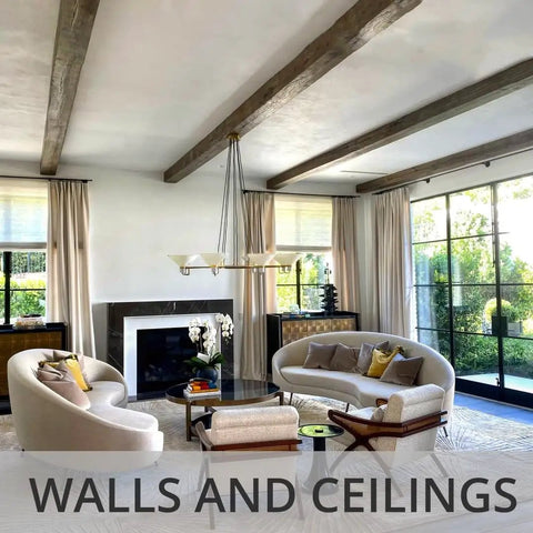 Modern living room with Lime Plaster And Marmorino Finish For Walls, Natural White, fine sand texture enhancing walls and ceilings.