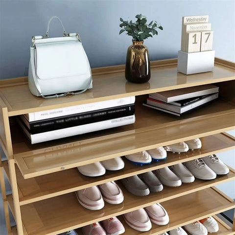 Ten Tier Stackable Shoe Rack With Top Storage Bin Vertical Narrow Shoe Organizer For Entryway Closet with shoes and accessories.