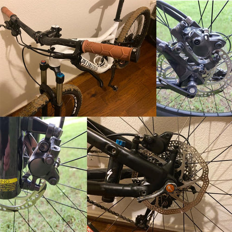 Cyclon MT200 MTB hydraulic disc brake set with SM-RT rotors; aluminum alloy, left-front 800mm and right-rear 1500mm, four-view collage