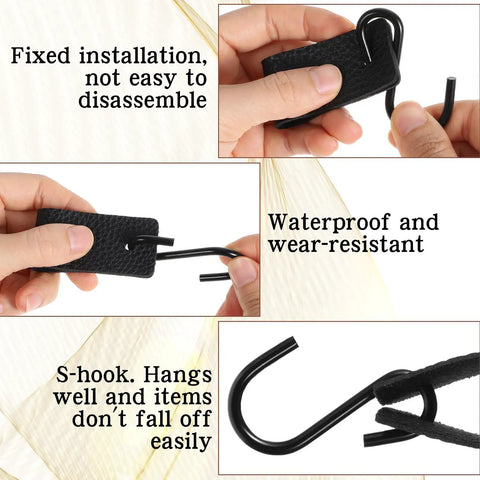 Close-up of Leather S Hooks With PU Leather Coat 3 Pack Multifunctional S Hooks showing black metal hook and leather strap.