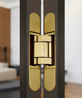 Beefy Hidden Door Hinges With Silent Hydraulic Buffer for 80Kg Load Bearing Concealed Cross Style Hinges shown on wooden door