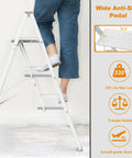 Person using Three Step Aluminum Folding Ladder With Wide Anti Slip Pedals, 330 Lb Capacity, Ultra Lightweight Portable Stepladder