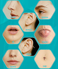 Close-up of various piercings using the Pro Grade All In One Piercing Taper And Ball Grabber Tool Set 14G Through 20G kit.