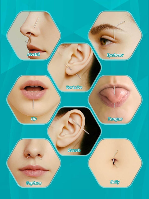 Close-up of various piercings using the Pro Grade All In One Piercing Taper And Ball Grabber Tool Set 14G Through 20G kit.
