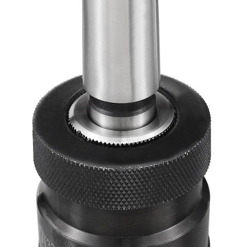 Close-up view of Keyless Drill Chuck MT2 Morse Taper Mount Three Jaw for Lathe and Milling Machine, metal construction, knurled grip