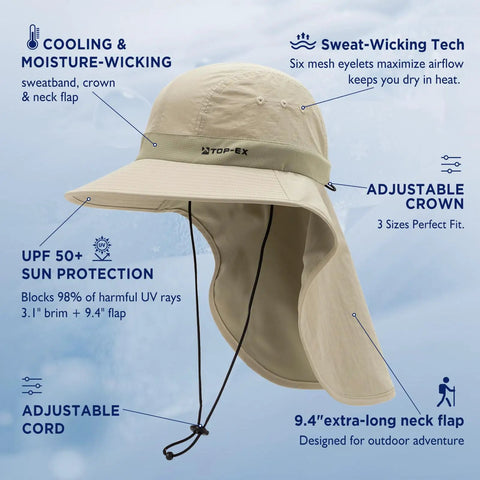 Cooling Sun Hat With Neck Flap For Men And Women, Breathable Wide Brim, UV Protection, Instant Cooling Tech, Khaki M/L size
