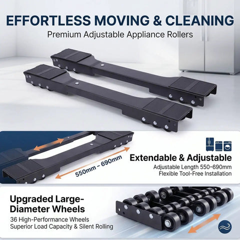 Heavy Duty Move Appliance Mover Roller Adjustable 550 To 690mm Slider For Washing Machine And Fridge With Smooth Black Wheels on a surface.