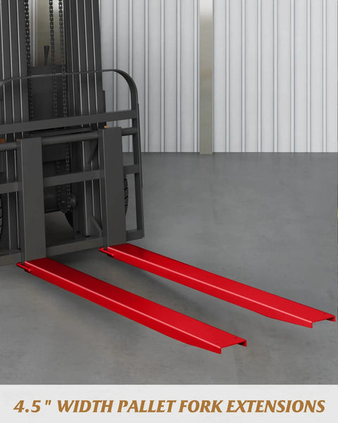 Kick Up Your Loading Game With Rock Solid Steel Forklift Fork Extensions 72 Inch Long with red extensions for 4.2 inch wide pallets.