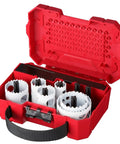 Dope 10pc Bi-Metal Hole Saw Kit With Arbors And Drill Bits For Milwaukee That Cuts Fast Through Metal Wood With Carry Case For Pros open red case with hole saws