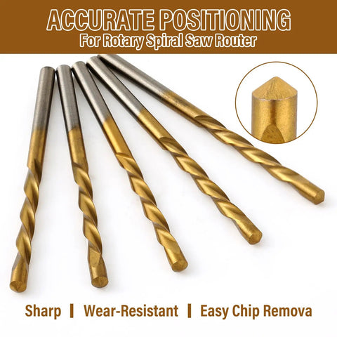 50 Piece Drywall Cutting Bits 1/8 Inch Shank Titanium Nitride Coated High Speed Steel Tips shown in spiral design