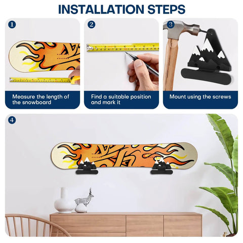 Installation steps for Heavy Duty Snowboard Wall Mount Set Space Saving Indoor Board Rack, showing measuring and mounting process.