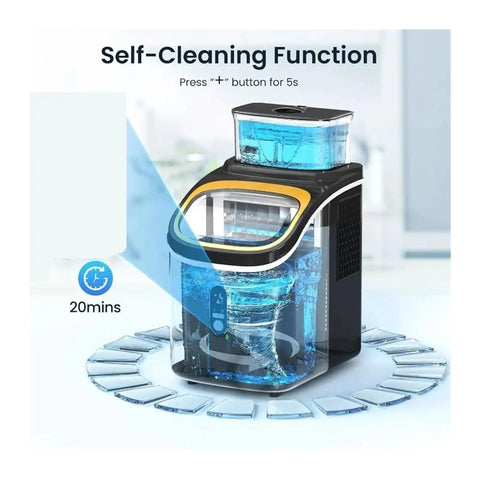 Hassle Free Countertop Ice Maker With 30 Lbs Daily Yield And Automatic Self Cleaning Plus 24 Hour Smart Timer For Crisp Cubes showing self-cleaning function.