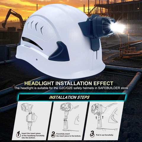 Rechargeable Headlamp For G2C Type II And G2E Hard Hats Dual Mode Front Clip Light With Built In 1800mAh Battery installed on helmet