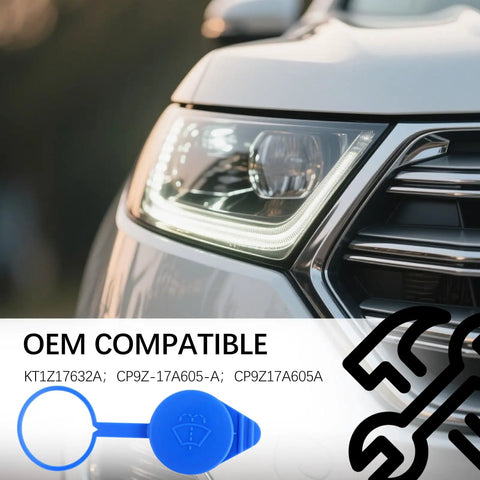 Windshield Washer Fluid Cap Replacement For Ford Focus 2012-2018, OEM KT1Z17632A CP9Z-17A605-A shown with car front