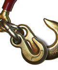 Close-up of yellow dichromate eye grab hook on ratcheting load binder for one half to five eighths inch straps, maroon powder coat.