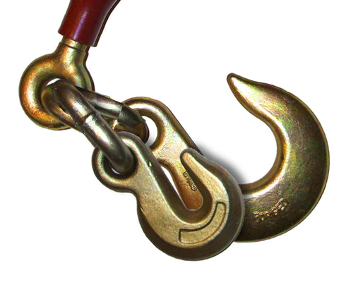 Close-up of yellow dichromate eye grab hook on ratcheting load binder for one half to five eighths inch straps, maroon powder coat.