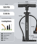 Versatile Handheld Bike Pump With Dual Presta And Schrader Valves, 120 PSI, showing steel housing and 4 adapters