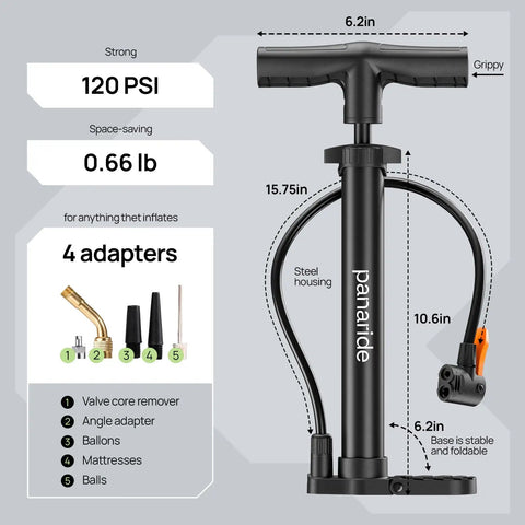 Versatile Handheld Bike Pump With Dual Presta And Schrader Valves, 120 PSI, showing steel housing and 4 adapters