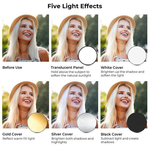 Demonstration of 5 In 1 Light Reflector Kit 32 Inch Portable Collapsible for Studio and Outdoor Photography with different light effects